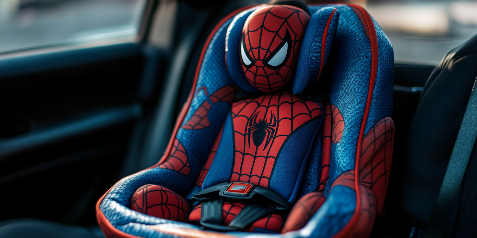High-back booster with lap belt low on hips, shoulder belt mid-shoulder; Spider-Man theme upholstery